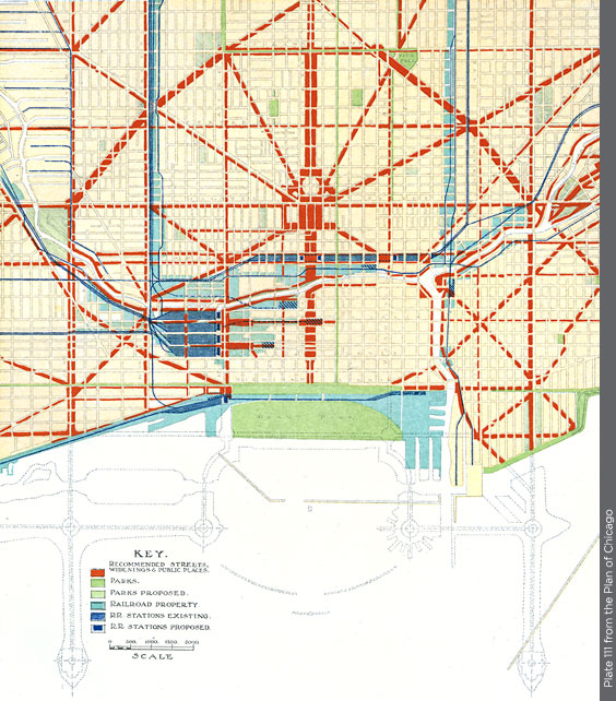 Illustration from the plan showing the proposed widening or new diagonal streets, plate 111