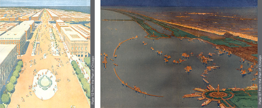 An illustration of Michigan Avenue from the plan, plate 112 and another showing the lakefront at twilight, plate 127