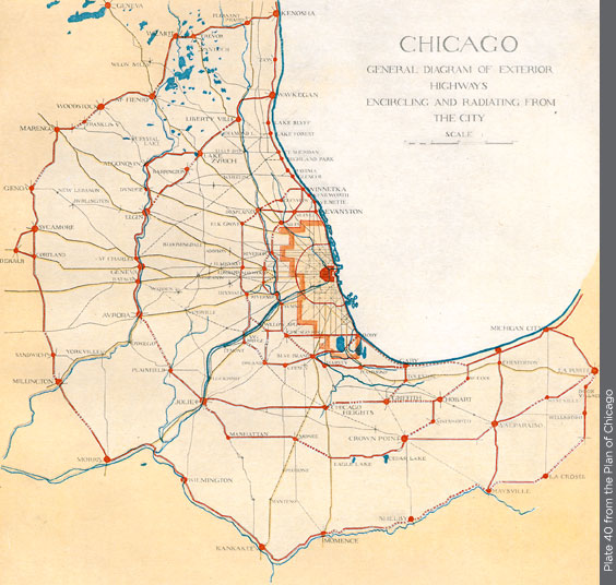 An illustration showing "General diagram of exterior highways encircling and radiating from the city"