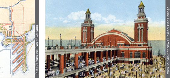 An illustration from the plan, plate 71 and a image of Navy Pier from a postcard