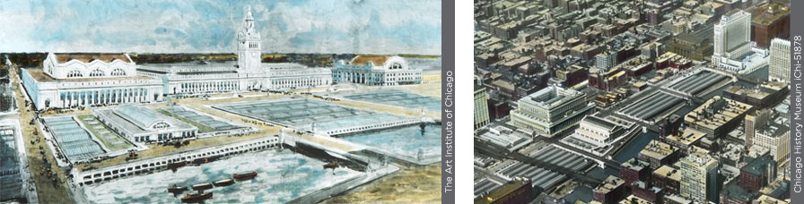 An illustration of Union Station site and an illustration of the post office