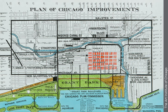 A magic lantern slide showing the Plan of Chicago Improvements