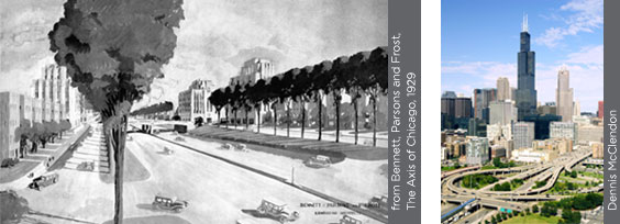 An illustration showing Congress Street with rows of trees on either side from The Axis of Chicago, 1929 and a present day photo of the highway interchanges at Congress and Halsted