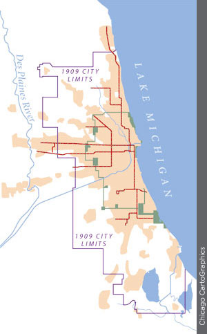 An illustration showing the 1909 city limits versus the built up areas at that time