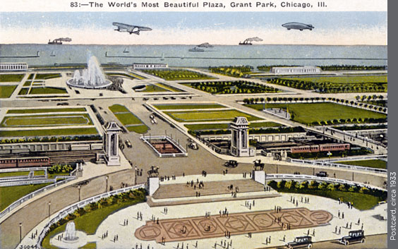 An illlustration of Congress Parkway from a postcard circa 1933