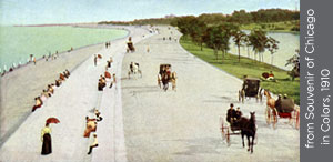 An illustration showing horse and carriages travelling along the lakefront