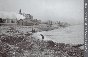 A photograph showing a mountain of trash at the south lakefront