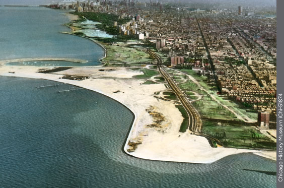 An aerial photograph of Lake Shore Drive in 1935