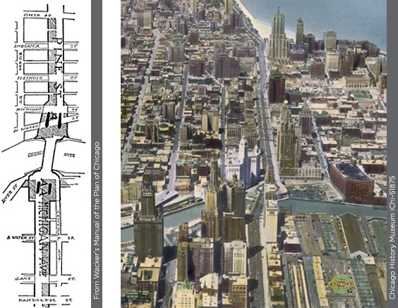 Illustration showing areas that were condemned along Michigan Ave from Wacker's Manual of the Plan of Chicago and an illustration showing an aerial view of MIchigan Avenue