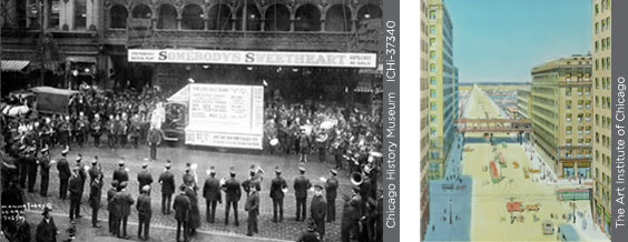 A photograph showing the rally at Garrick Theater and an illustration showing the widened Roosevelt Road