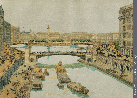 An illustration from the plan showing the Chicago River. Plate 107