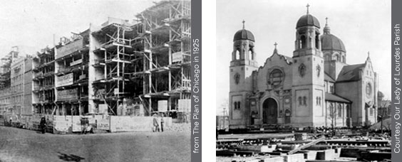 photograph of Our Lady of Lourdes Parish and a photograph of the refacing of the buildings along Michigan Avenue, 1925